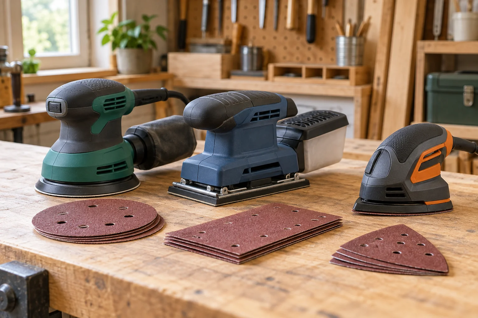 Three unplugged sanders with round, rectangular and triangular pads on a workbench