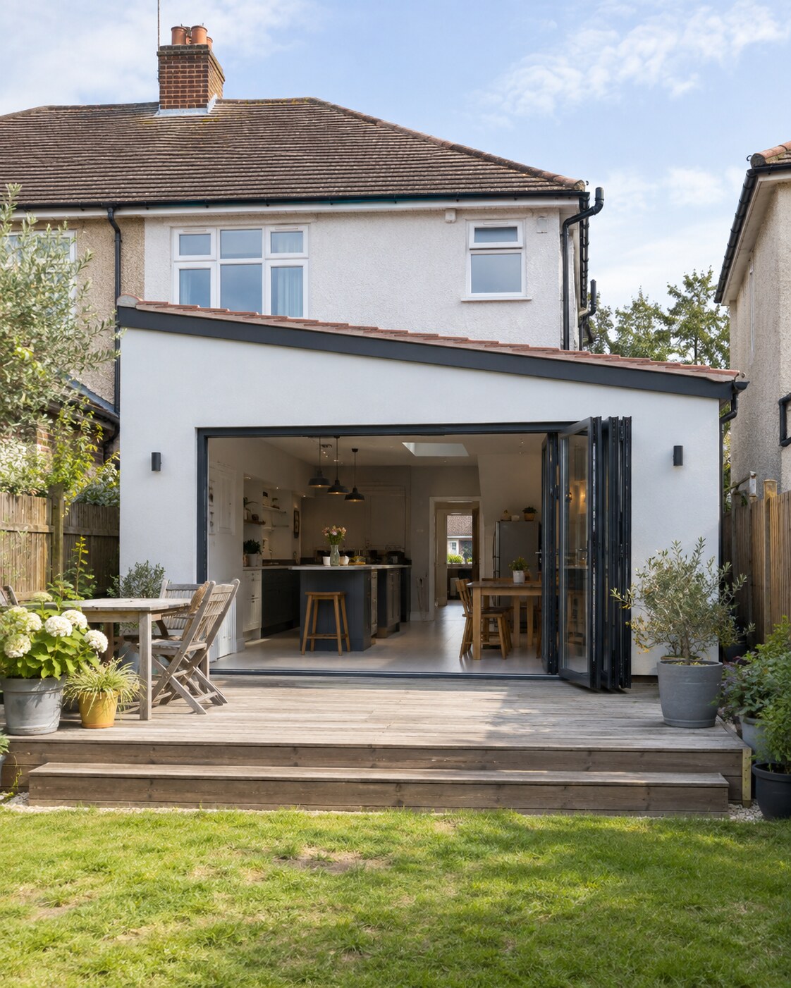 White rendered single-storey extension with a sloping tiled roof