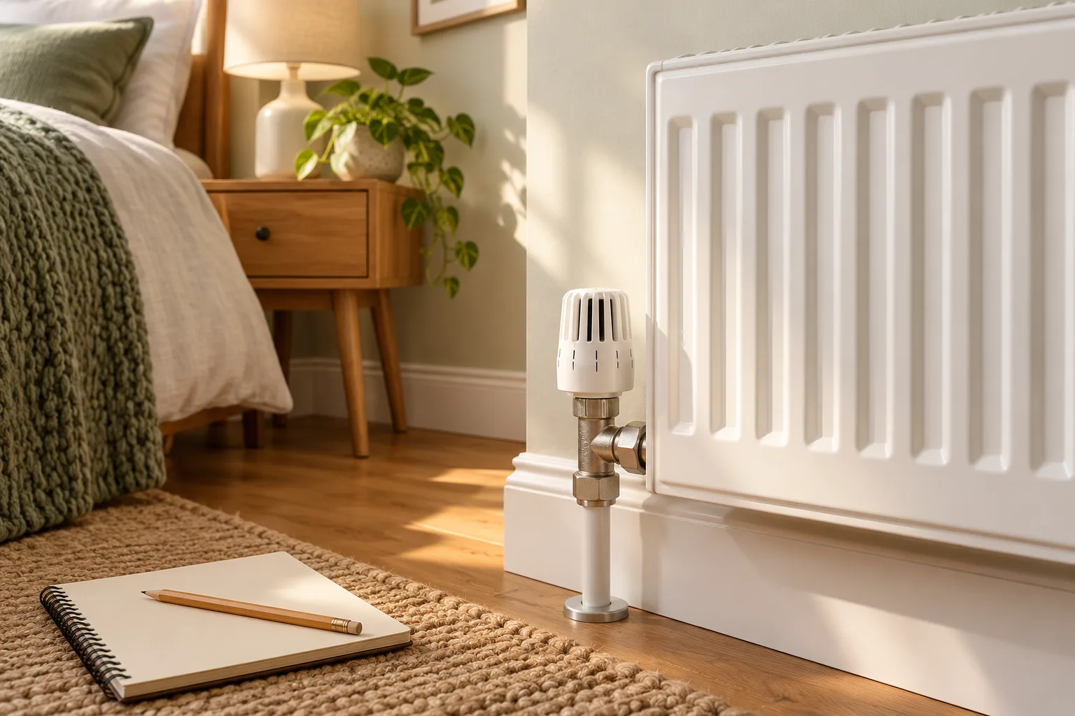 Illustrative radiator and thermostatic valve in a bright bedroom with a planning notebook