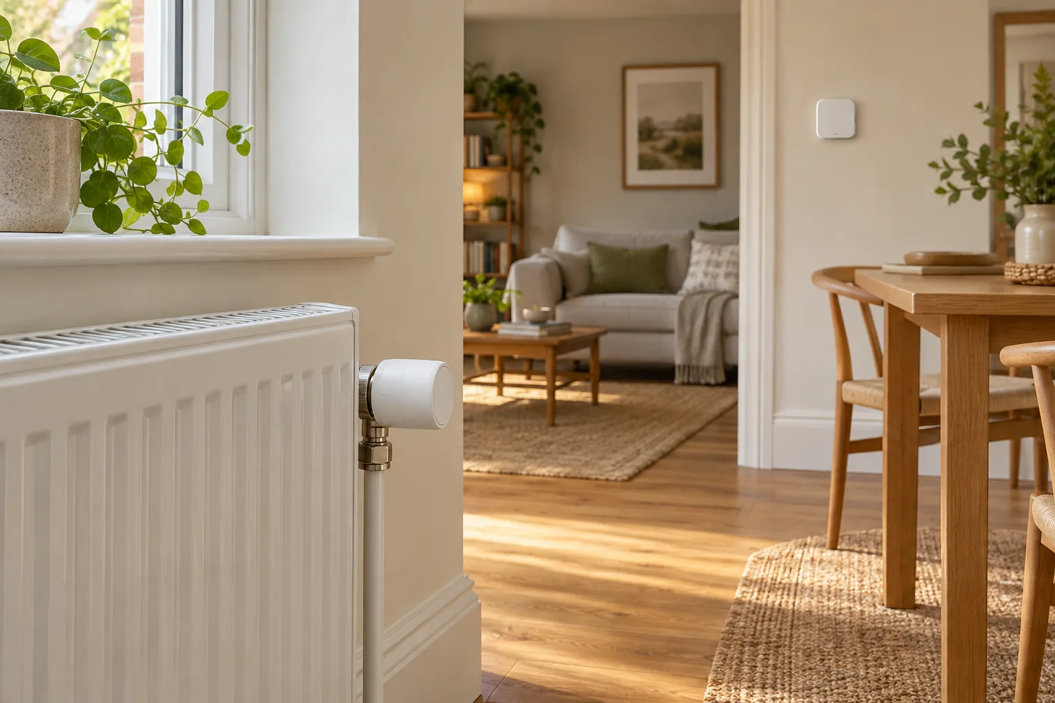 Illustrative radiator valve and separate wall thermostat in a bright home