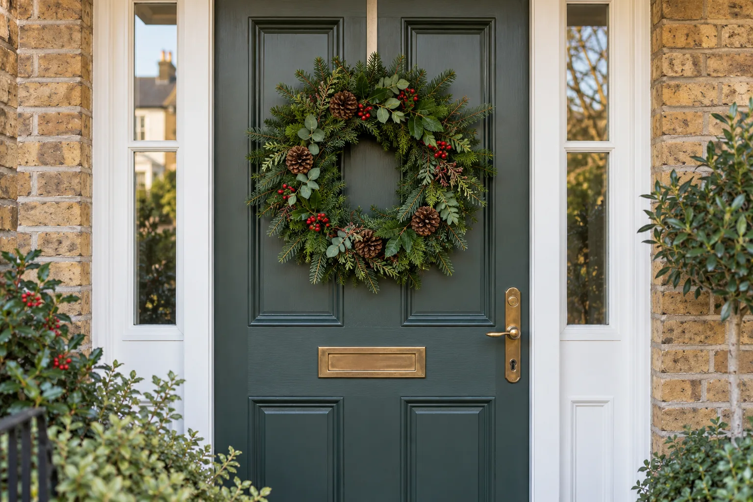 Illustrative unlit evergreen Christmas wreath on a painted British front door