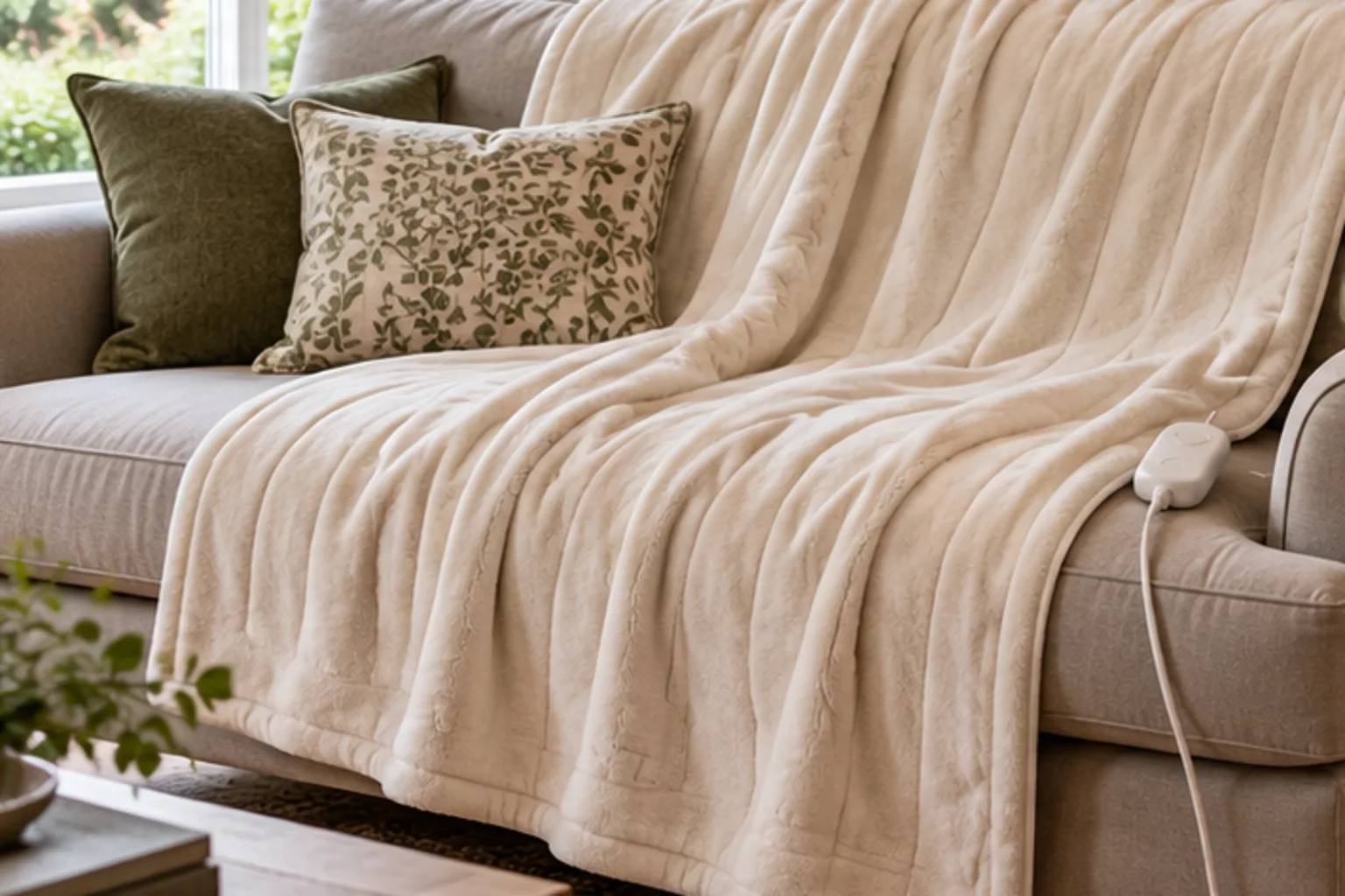 Cream heated throw draped over a two-seat sofa with its controller visible