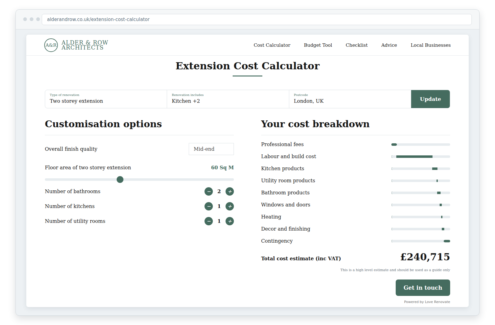 Illustrative extension cost calculator branded for the fictional Alder and Row Architects