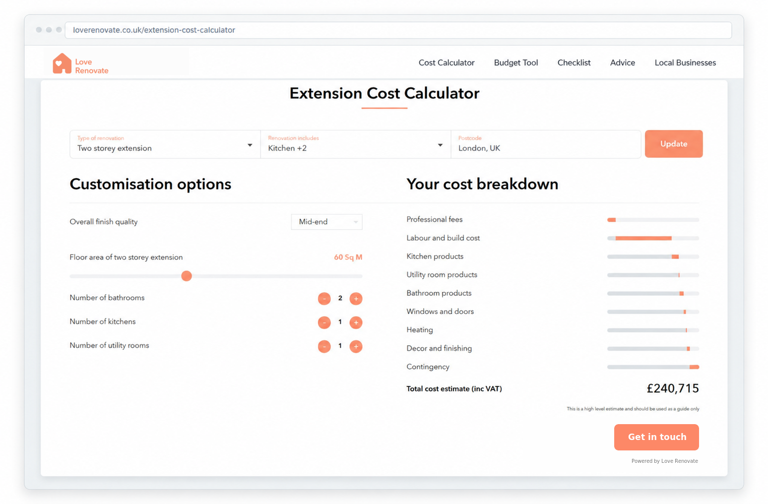 Love Renovate extension cost calculator in its original branding