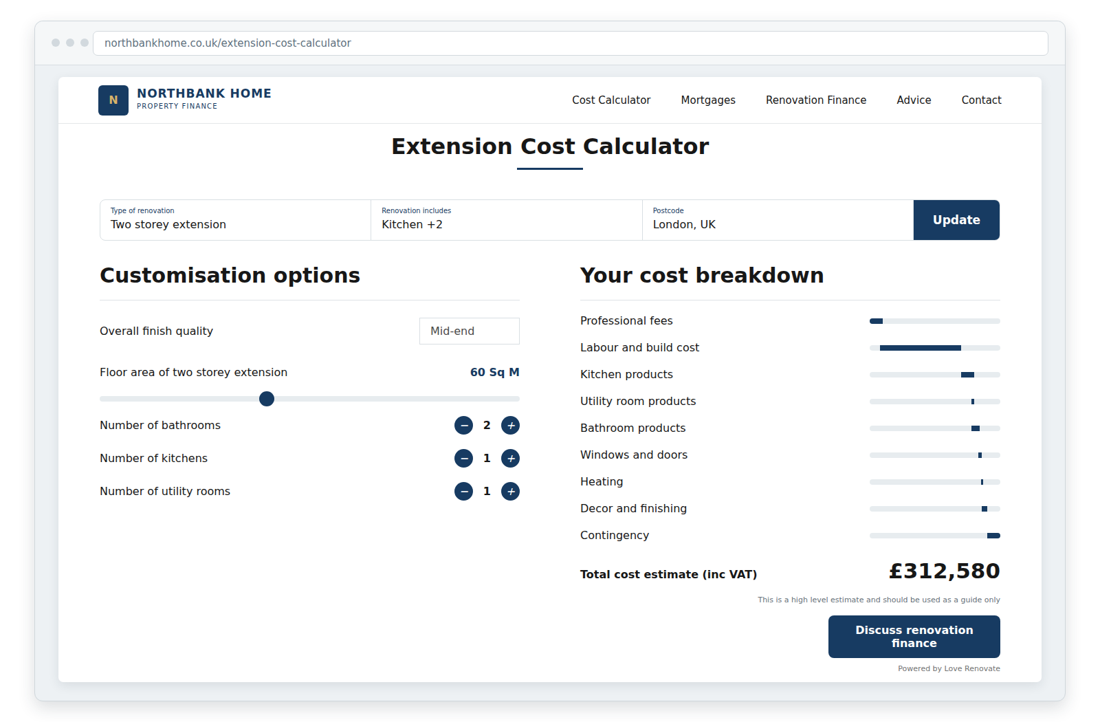 Illustrative extension calculator using fictional Northbank Home branding and approved cost data